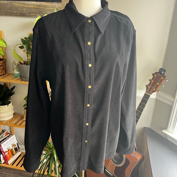 Vintage Y2K Black Faux Suede Brass Button Snap Front Blouse Size XL - Picture 2 of 4